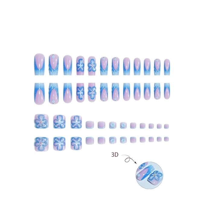 Blue French Tips Press on Nails Flower Press on Toenails Short Square Fake Nails with Pearl Flower Charm Design Floral False Toenails Glossy Reusable Summer False Nails for Women Girls Manicure 48Pcs