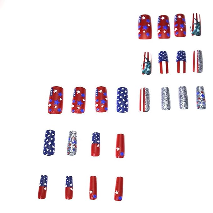 Independence Day Press on Nails Medium Square Fake Nails with Sliver Glitter Designs 3D Star Red Whiter Stripe False Nails Full Cover Glossy Stick on Nails Independence Glue on Nails 24Pcs
