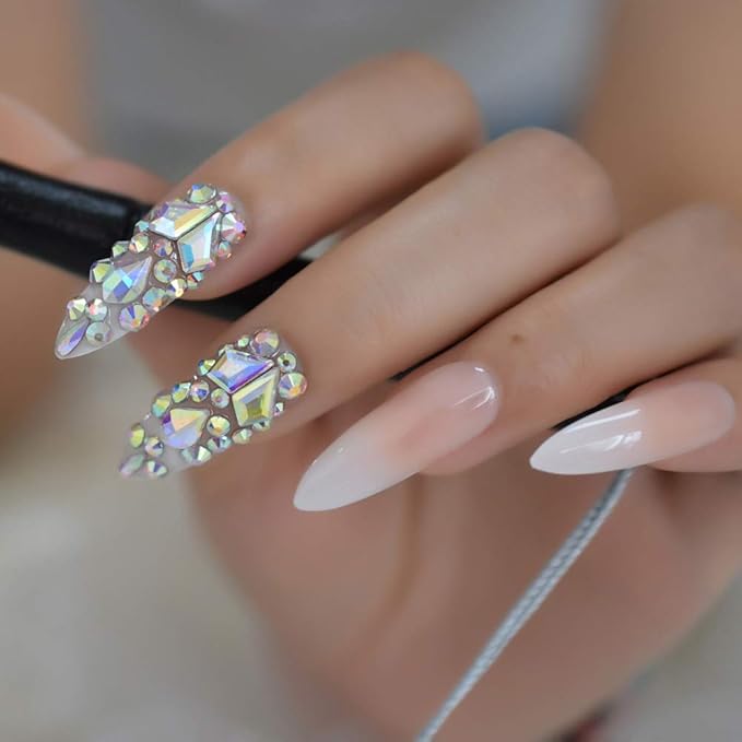 Luxury 3D Rhinestone Gradient Pink Nude Press on Nails Extra Long Stiletto False Fake Nail Tips DIY Fingernail for Wedding Party