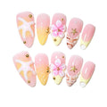 10Pcs Long Almond Handmade Press On Nails | Pink-Yellow Ombre with 3D Starfish, Flower & Seashell Decor | Easy to Apply, Remove & Reusable, Salon-Quality (A017, S)