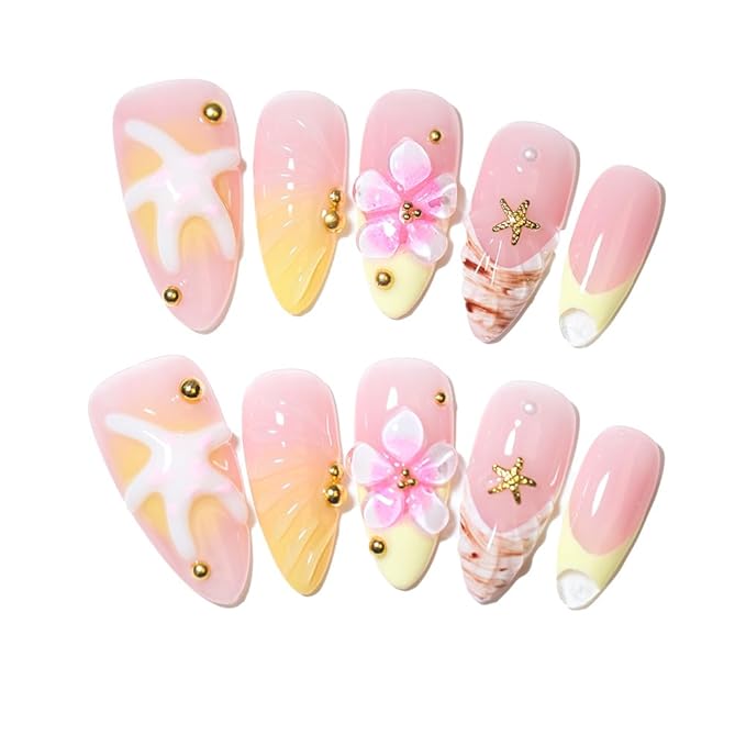 10Pcs Long Almond Handmade Press On Nails | Pink-Yellow Ombre with 3D Starfish, Flower & Seashell Decor | Easy to Apply, Remove & Reusable, Salon-Quality (A017, XS)