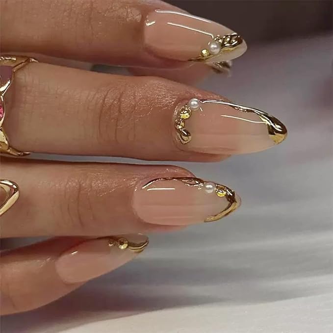 Gold Press on Nails French Tip Fake Nails Almond Medium False Nails Press Ons Pearl Glossy Full Cover Acrylic Glue on Nail Artificial Stick on Nail or Women Manicure 24Pcs