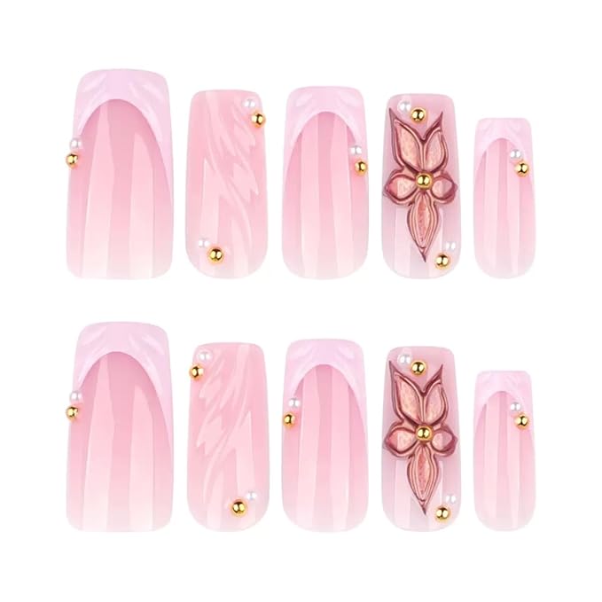 Medium Press on Nails Square - Pink French Tip Fake Nails with Flower Design - Summer Full Cover Stick on Nails for Women - 24 Pcs
