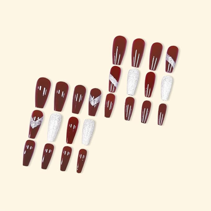 Coffin Press on Nails Long Red Stick on Nail Tips Nails Press ons with Sparkly Glitter Press on False Nails for Women 24pcs