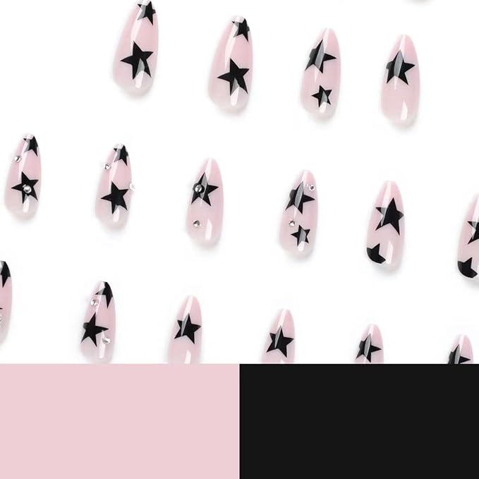 Press on Nails Almond - Medium Fake Nails with Black Star Design - Rhinestone, Nude False Nails Press ons - for Women 24 Pcs