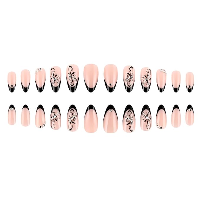 Black French Tip Press on Nails - Short Almond Fake Nails Press ons with Black Flower & Rhinestones Designs, Glossy Acrylic Nails Full Cover Reusable Glue on Nails for Women Manicure 24Pcs