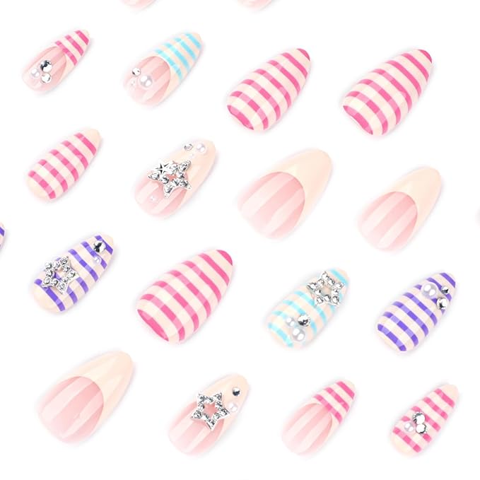Pastel Stripe Press on Nails Medium Almond Fake Nails Y2K Nails Press ons with Star Charms Design,Reusable & Easy Apply Full Cover Stick on Nails for Women Manicure 24Pcs