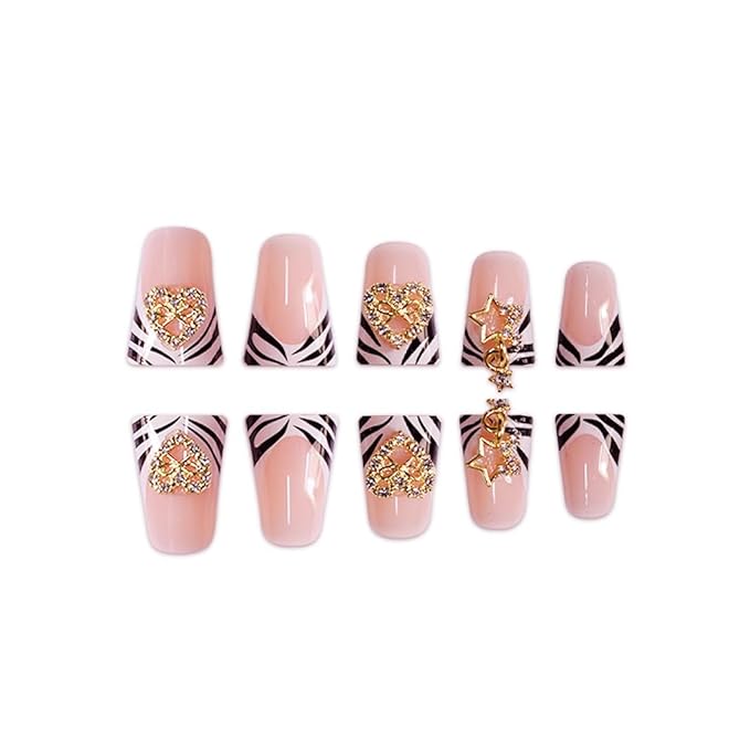 Black White Nail Press ons French Tip Fake Nails Heart Star with Design Duck Glue on Nails Stripe False Nails Glossy Reusable Artificial Acrylic Full Cover Stick on Nails for Women Manicure 24Pcs
