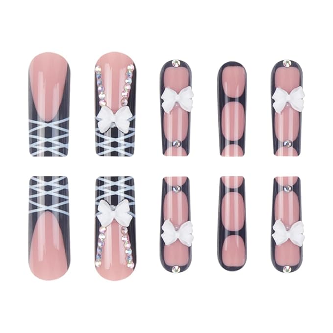 Square Press on Nails Long Black Fake Nail 3D Bow and Rhinestones Acrylic Nail Press ons Stripes Stick on Nail for Women 24pcs
