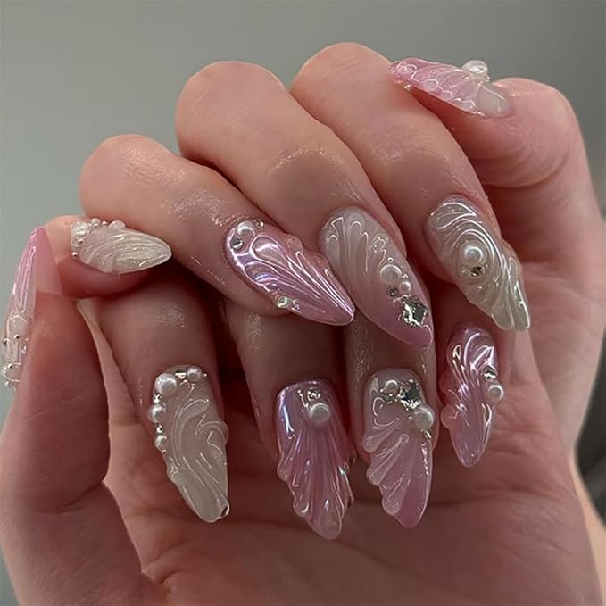 evpct Spring & Summer Press on Nails Medium Almond, Pearl White Pink Fake Nails Press ons with 3D Shell Design, Light Weight Perfectly Fit Nails for Women Gift, Fake Nail Kit with Kits Gel 24Pcs