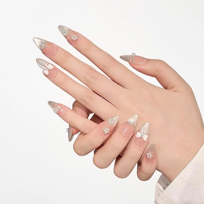 10PCS Luxury Handmade Press On Nails Nude Gradient Cat's Eye with Pearl Bow & Sparkling Rhinestones for Wedding & Party Reusable Almond Fake Nails Design Gift For Women and Girls (A021, S)