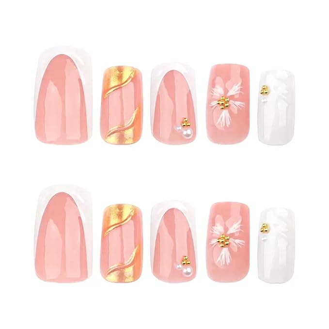 Square Press on Nails Medium - White French Tip Fake Nails with 3D Flower Wave Design- Elegant Full Cover Stick on False Nails for Women - 24 Pcs