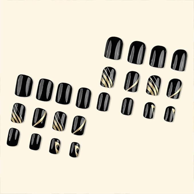 Press On Nails: Medium Square Dark Black False Nails with Gold Line Design, Glossy Full Cover Stick On Acrylic Artificial Nails for Women's Manicure, 24Pcs