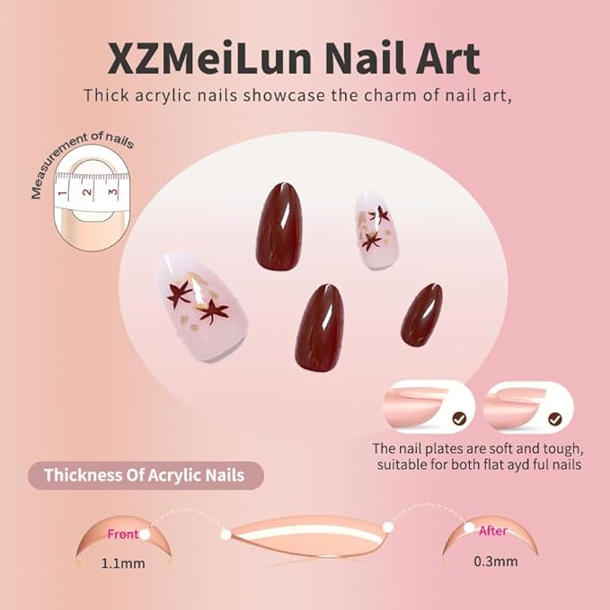 Fall Brown Press on Nails Short Almond,Maple Leaf Glossy Design Acrylic Fake Nails with Full Cover Stick on Nails,Reusable Glue-On Stickers for Autumn Fashion False Nails for Women Gift