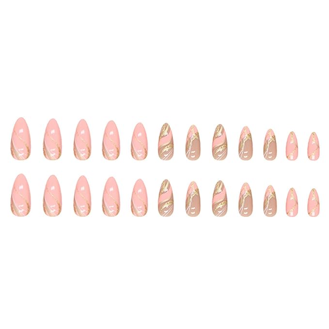 Pink Press on Nails Almond Medium Fake Nails with Design Gold Swirl False Nails Press ons Acrylic Glue on Nails Cute Glossy Full Cover Artificial Stick on Nail for Women Manicure 24Pcs