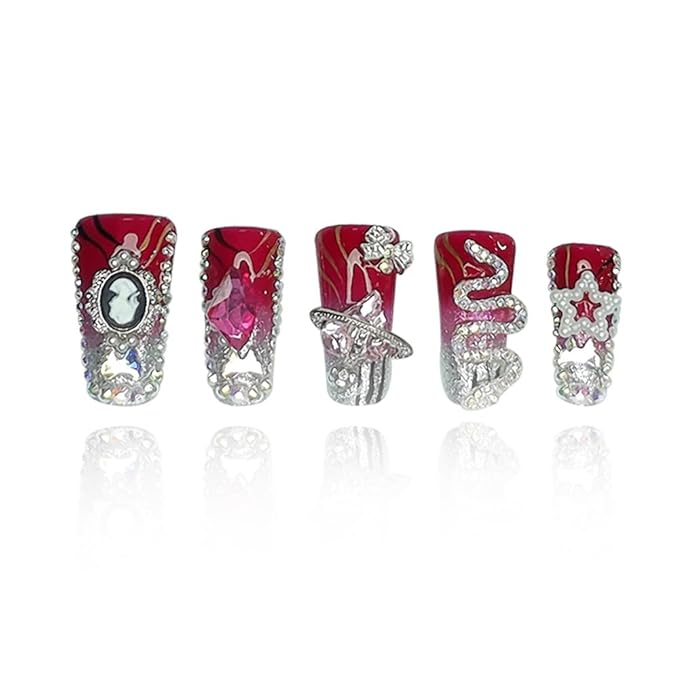 2025 Vermilion Duck Nails Medium Square Fake Nails with Stars Butterflies Snake Designs Handmade Pmma acrylic Glossy Reusable Fake Nails (Red, M)