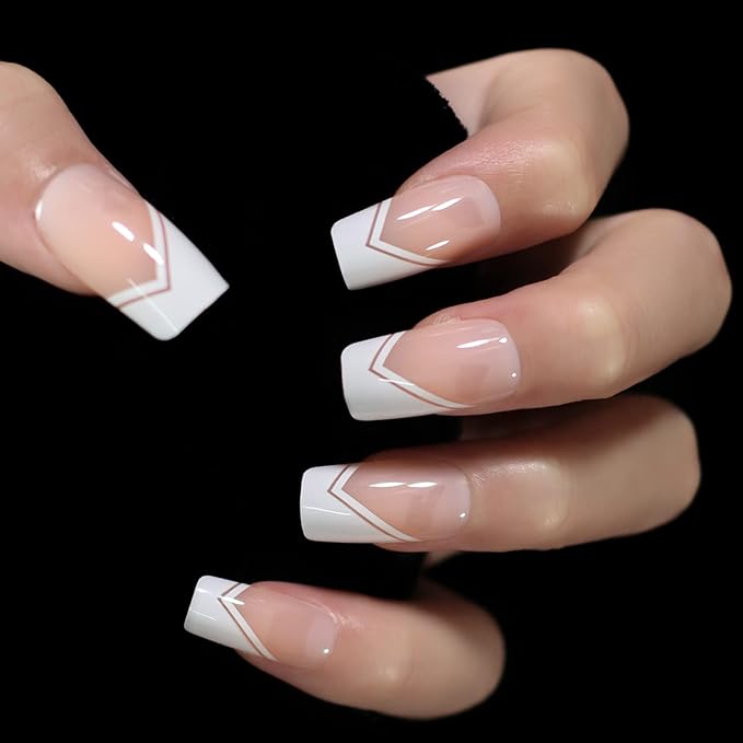 Nude White Press On Nails Medium Square French Glossy Gel Nails Full Cover False Nail Art Tips Salon Manicure Set