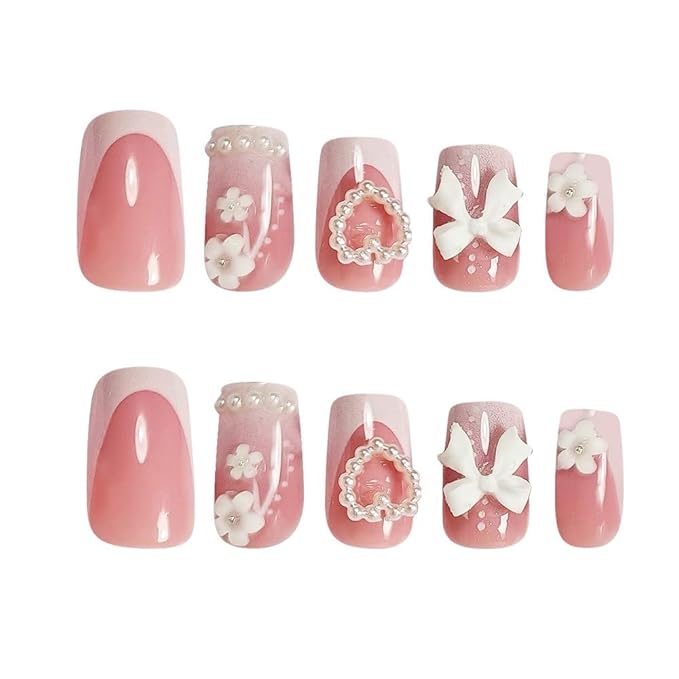 Press on Nails Square - Medium Fake Nails with Flower Bow Design - Heart, White French Tip False Nails for Women - 24 Pcs