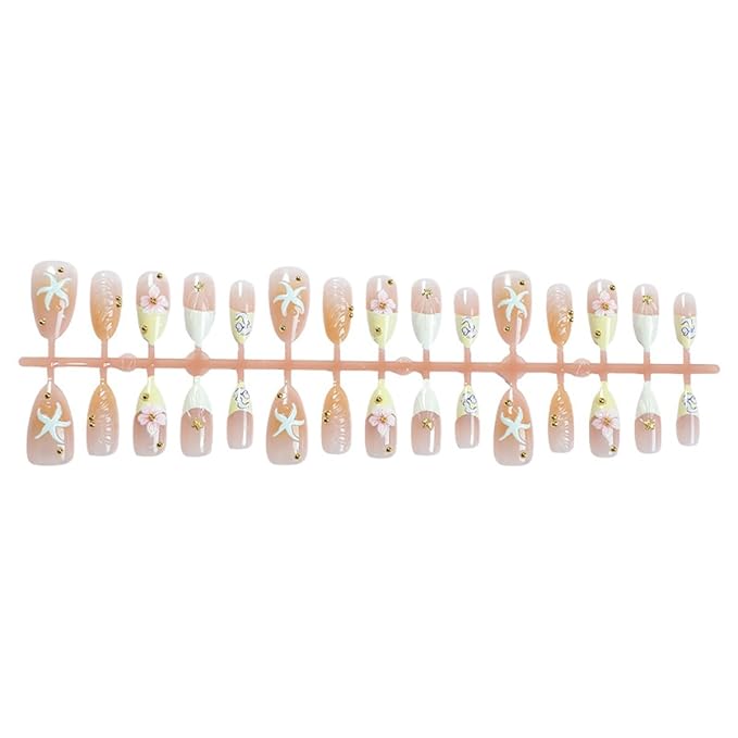 Summer Press on Nails Medium Almond Fake Nails Beach Nails Press ons with Flower,Starfish Design Full Cover Stick on Nails for Women Manicure,Reusable | Nail Sticky Tabs | Easy Apply | 24Pcs