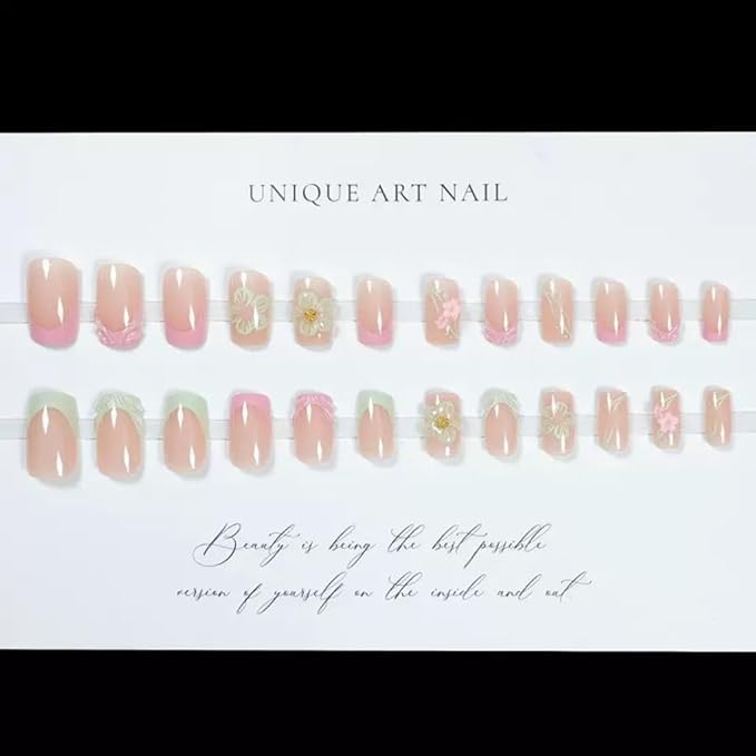Square Press on Nails - Medium Fake Nails with Flower Design - Green, Pink French Tip False Nails Press ons - for Women 24 Pcs
