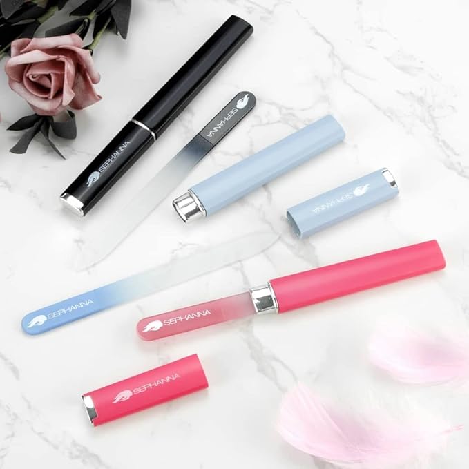 Premium Crystal Glass Nail File for Natural Nails, Professional Glass Nail Files with case for Unisex, Portable Glass Nail File Double Sided for Natural & Acrylic Nail Care (Black, Blue & Pink)