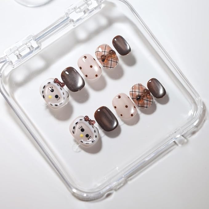 10 Short Oval Handmade Press On Nails | 3D Floral with Cat Eye Polka Dot & Sweet Bow details,Winter Styles | Skip Salon Trips, Easy to Apply & Remove, Reusable (251106A, S)