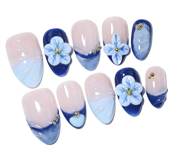 10Pcs Short Almond Handmade Press On Nails | Nude Pink & Blue Ombre 3D Floral Wave Texture Gold Bead Decor | Easy to Apply Remove Reusable Salon-Quality Nail Art for Women (251210, M)