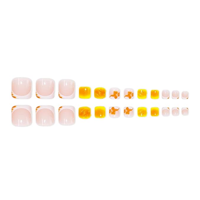 48Pcs Square Press on Nails Short & Press on Toenails Set, Yellow Flowers Fake Nails French Press on Toe Nails Full Cover Stick on Toe Nails Acrylic Nails Kit for Women Manicure