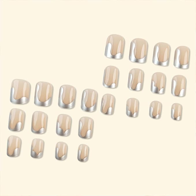 Square Press on Nails Short - Silver French Tip Fake Nails - Glue on Full Cover Stick on Glossy Acrylic Artificial Nails for Women Manicure - 24Pcs