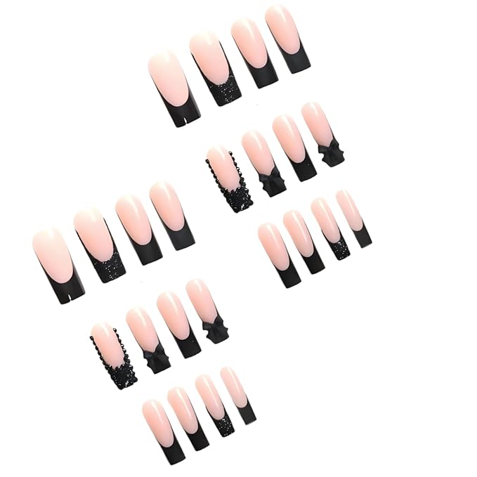FORBELOVED NAILS,French Tip-Black Glitter Press On Nails,Long Square Glue On Nails,Glossy Full Covered Gems,Black Flower Bow False Nails For Women And Girls,12Sizes-24Pcs with Glue,(Nude-LS),FOB