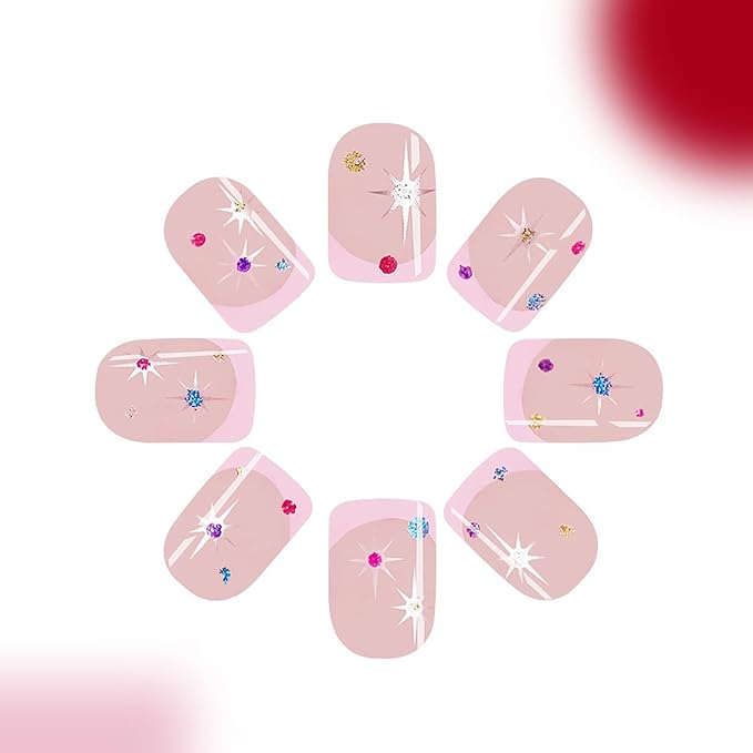 Press on Nails Extra Short Square MABKJLF Pink French Tip Fake Nails False Nails with Designs Colorful Stars Nude Pink Glossy Glue on Nails Cute Stick on Nails for Women Girls 24 Pcs