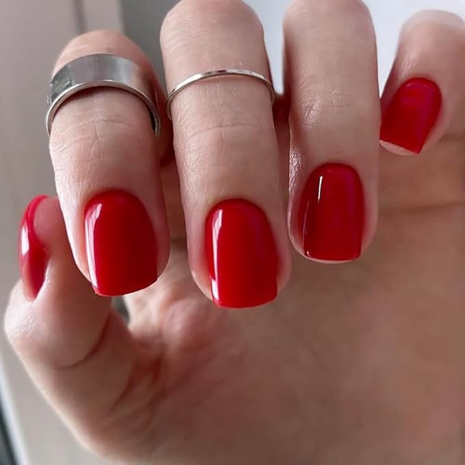 Red Press On Nails Short, Glossy Soft Gel Press On Nails Square with Nail Glue, 15 Sizes - 30 Fake Nails Kit, Thick Natural Reusable Glue On Nails for Women