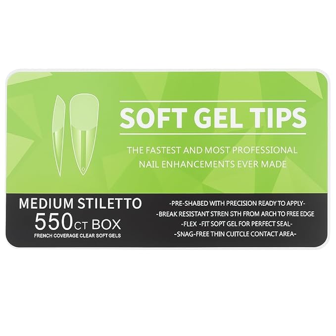 Gel Nail Tips Shape, 550 Pcs Half Matte Pre-Etched Press On False Nails, Full Cover Acrylic Nail Tips Kit for Nail Extensions, DIY Salon Nails. (Medium Stiletto, Clear)