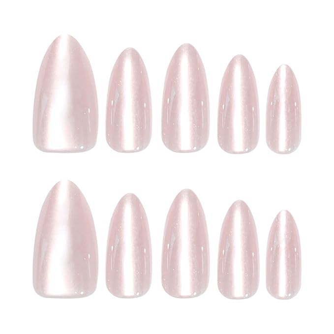 Cat Eye Press on Nails Medium Almond Fake Nails Neutral Nails Press ons with Design,Reusable Artificial Nail Full Cover Stick on Nails for Women Manicure 24Pcs