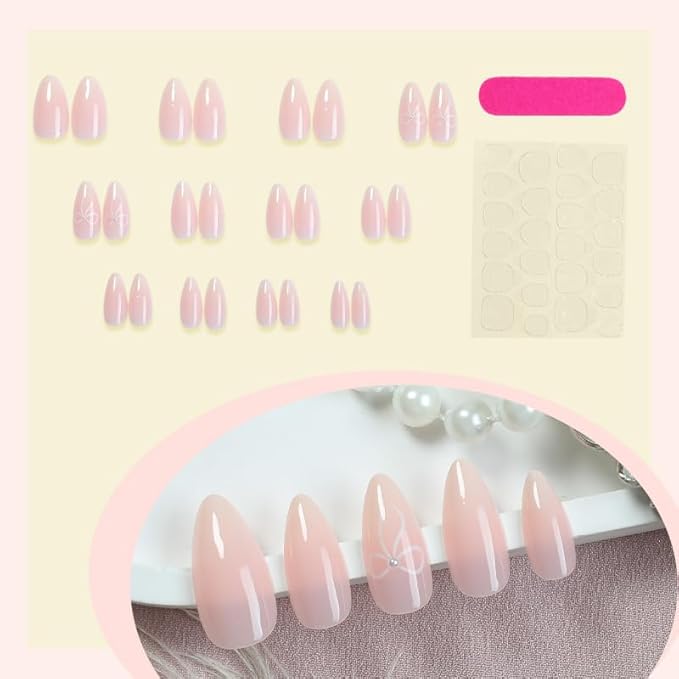 Press on Nails Almond White Gradient French Fake French Fake Nails Reusable Nail Kit with Glue Adhesive Tabs Mini Nail File for Women Manicure Nail Art Decoration 24PCS