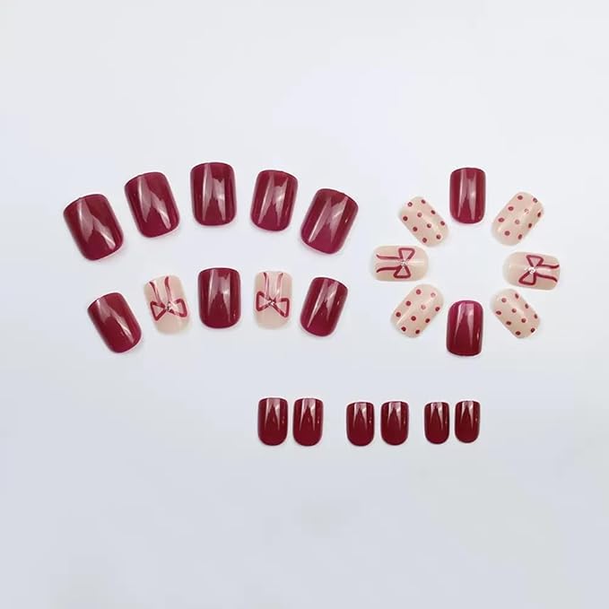 Short Press on Nails Square - Wine Red Fake Nails with Bow Design - Polka Dot Full Cover Stick on False Nails - for Women 24 Pcs