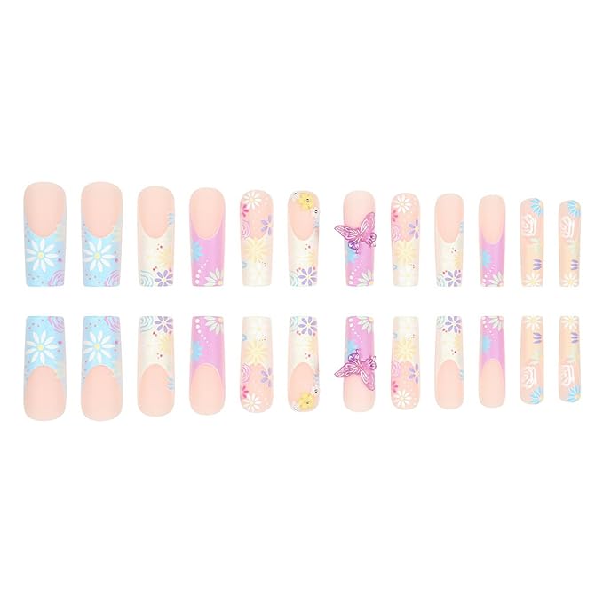 Extra long Press on Nails Xl Square Fake Nails French Tip Nails Press ons Glue on Nail wtih Flower Design False Nails 3D Butterfly Acrylic Spring Summer Artificial Nail for Women and Girls