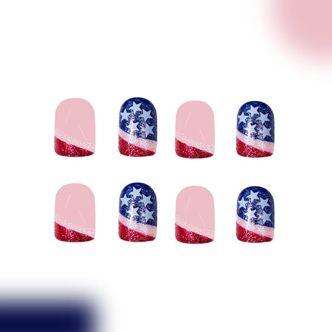 Independence Day Press on Nails Short Square Glue on Nails with Red White French Tip Designs USA Flag False Nails Blue Glitter Stick on Nail 4th of July Fake Nail for Women Girls Manicure 24Pcs