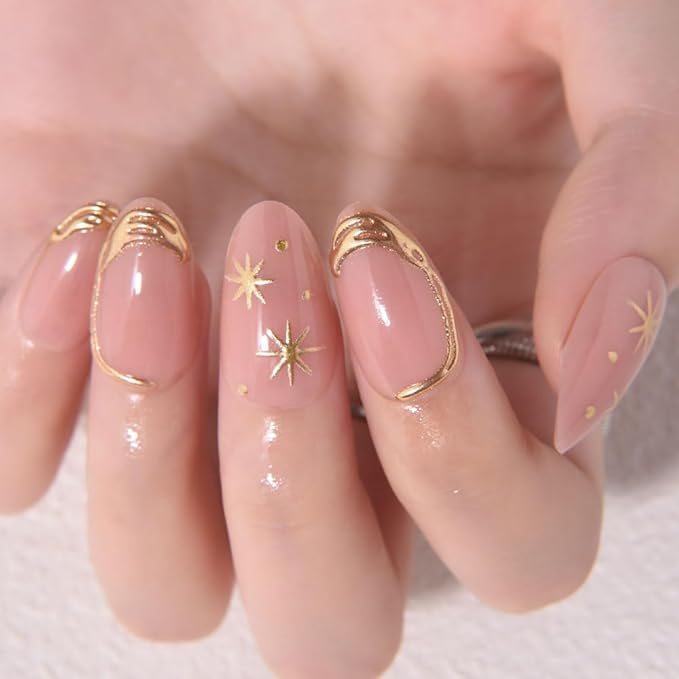 evpct 3D Gold Line French Tip Press On Nails Short Almond with Bohemia Star, Glitter Nude Gold Stick on Gel Nail with Designs, Handmade Press on Nails for Women Gift Reusable, Gel Acrylic Fake Nail