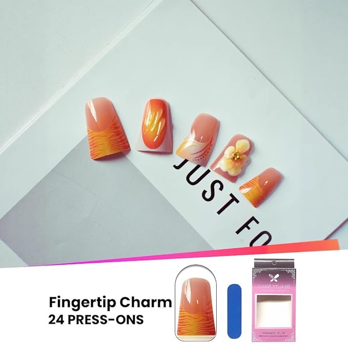 Orange Press on Nails Flower Fake Nails Glossy False Nails with Design French Tip Glue on Nails Reusable Artificial Acrylic Full Cover Duck Stick on Nails for Women Girls Manicure 24Pcs
