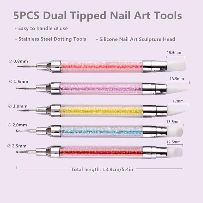 5PCS Dual-Ended Nail Art Sculpture Pen Dotting Tools, Silicone Nail Polish Brushes Stainless Steel Carving Drawing Dotting Tool, Acrylic Rhinestone Handle, Nail Art Tools