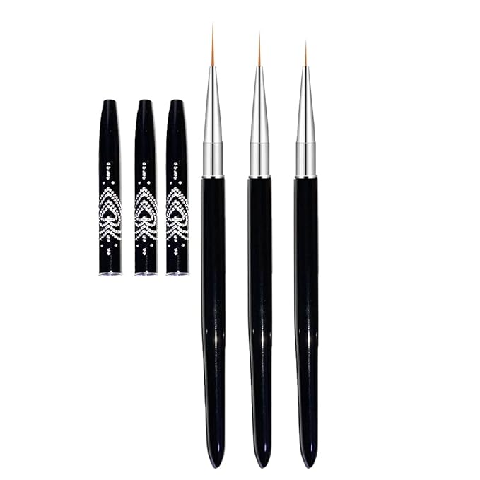 Nail Art Liner Brushes, 7mm/9mm/11mm UV Gel Painting Nail Art Design Brush Metal Handle Nail Drawing Pens (3PCS, Black)