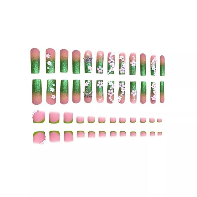 48Pcs Flower Press on Nails Rhinestone French Tips Press on Toenails Long Square Fake Nails with Green Glitter Design White Pink Floral Fake Toes Glossy Summer False Nails for Women Girls DIY Manicure