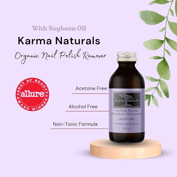 Karma Organic Nail Polish Remover with Soybean Oil and Lavender Oil- Non Toxic, Vegan, Cruelty Free, Acetone Free – Nails Strengthener for Fingernails – 4 fl. Oz