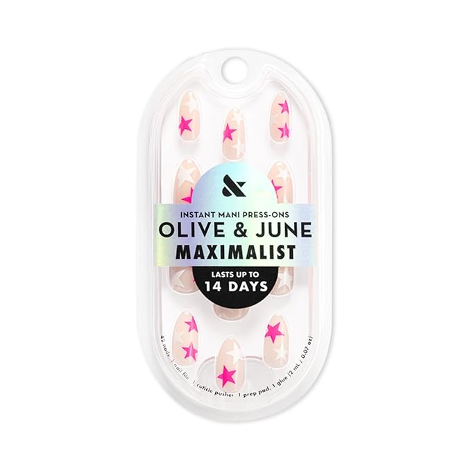 Olive & June Maximalist Instant Mani Press-On Nails (Glue) | 42 Fake Nails, 21 Sizes | Non-Toxic, Long-Lasting Big, Bold Gorgeous Realistic Look | Salon-Quality | Medium, Almond | Neon Star Mixed Pack
