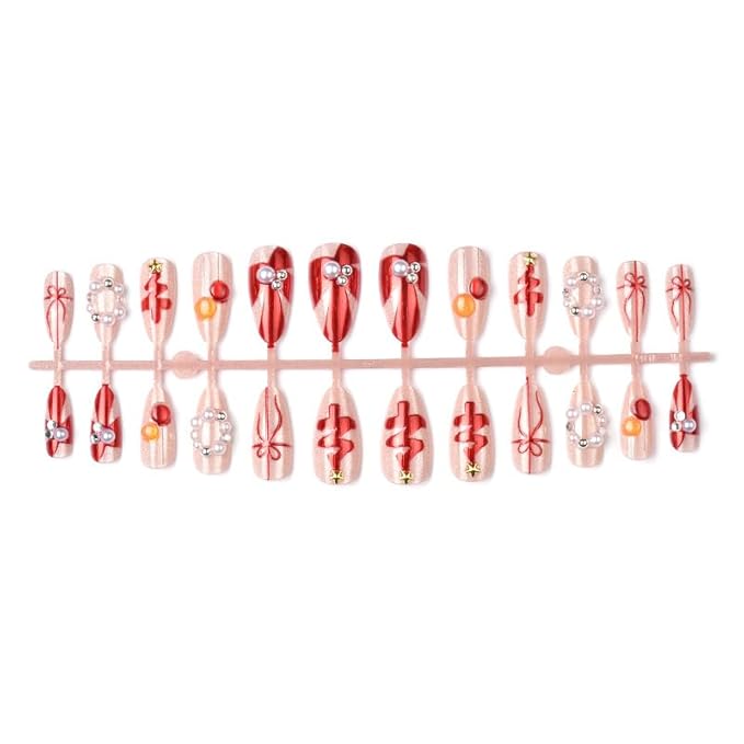 Christmas Press on Nails Medium Almond Fake Nails Red Christmas Tree False Nails Xmas Winter Cat Eye Glue on Nails with Pearl Reusable Acrylic Nail for Women Manicure 24Pcs