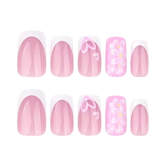 Press on Nails Square - Medium Fake Nails with Flower Heart Design - White French Tip False Nails Press ons - for Women 24 Pcs