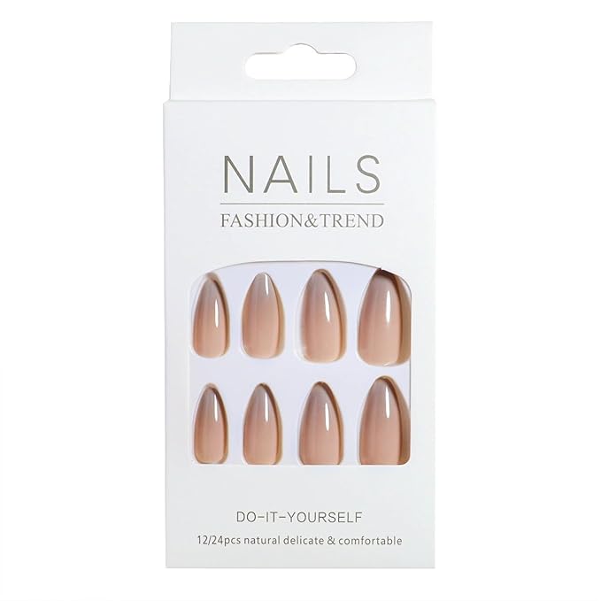 Press-On Nails, Medium-Length Glossy Sheer Nude Ombre Medium-Length Almond False Nails, Showing the Noble Temperament of Women and Girls False Nails - 24 pcs (with Free Tool Kit)