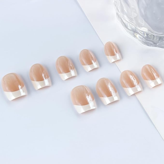 Short Square Press on Nails French Tip Fake Nails Chrome False Nails Press ons with Design Full Cover Glossy Glue on Nail Stick on Nails for Women Manicure,Reusable | Easy Apply | Acrylic | 30 Pcs