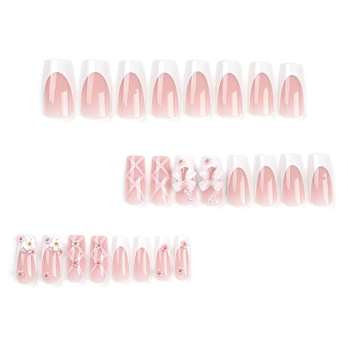Press-on Nails,Long Rhinestone Pink False Nails, Square Glitter 3D Flower Fake Nails, Bowknot Artificial Nails The Noble Temperament of Women Girls' Fake Nails - 24 pieces (with Free Tool Kit)